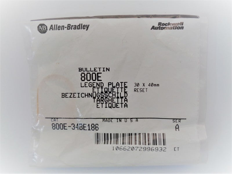 Allen Bradley via TCS 800E34BE186 Ser. A NSFP 800E 34BE186